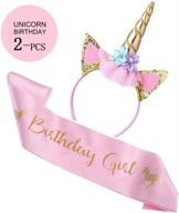 🦄 shimmering unicorn birthday set: gold glitter unicorn headband & pink satin sash - ideal for happy birthday unicorn party supplies, favors, and decorations логотип