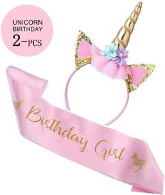 img 4 attached to 🦄 Shimmering Unicorn Birthday Set: Gold Glitter Unicorn Headband & Pink Satin Sash - Ideal for Happy Birthday Unicorn Party Supplies, Favors, and Decorations