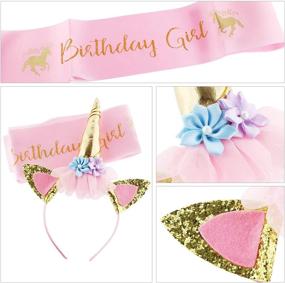 img 1 attached to 🦄 Shimmering Unicorn Birthday Set: Gold Glitter Unicorn Headband & Pink Satin Sash - Ideal for Happy Birthday Unicorn Party Supplies, Favors, and Decorations