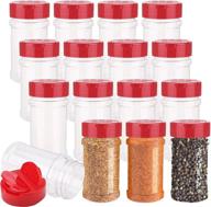 set of 16 clear plastic spice jars (7oz) with red caps – containers for powders, herbs, spices, sauces – seasoning bottles logo