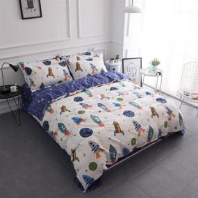 img 1 attached to 🚀 BuLuTu Space Rocket Print Boys Bedding Duvet Cover Twin: White Blue Cotton, 3-Piece Set - Planet Spaceship Stars Theme, Zipper Closure (No Comforter Included)