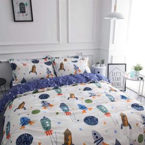 img 3 attached to 🚀 BuLuTu Space Rocket Print Boys Bedding Duvet Cover Twin: White Blue Cotton, 3-Piece Set - Planet Spaceship Stars Theme, Zipper Closure (No Comforter Included)