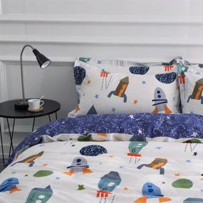 img 2 attached to 🚀 BuLuTu Space Rocket Print Boys Bedding Duvet Cover Twin: White Blue Cotton, 3-Piece Set - Planet Spaceship Stars Theme, Zipper Closure (No Comforter Included)