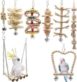 img 4 attached to Upgrade 8-Pack Bird Parrot Swing Chewing Toys with Bell, Creatiee Natural Wood Standing Hanging Hammock Bird Cage Toys for Small Parakeets, Cockatiels, Conures, Finches, Budgie, Macaws, Love Birds