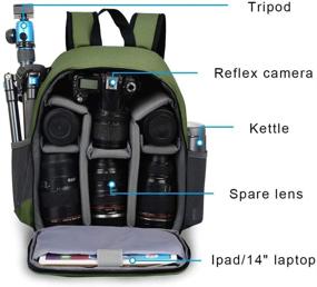 img 2 attached to Водонепроницаемый зеленый рюкзак-рюкзак для зеркальных фотоаппаратов DSLR SLR для беззеркальных камер/фотографов - совместим с объективами Nikon Canon Sony, штативом и аксессуарами. Идеально подходит для мужчин и женщин в фотографии.