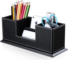 img 4 attached to KINGFOM Office Supplies Desk Organizer: Stylish PU Leather Storage Box with 4 🗄️ Divided Compartments for Pen, Business Card, Remote Control, Mobile Phone, and Cosmetics Collection Holder (Black)