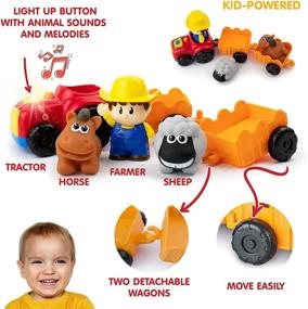 img 3 attached to 🚜 Интерактивный набор игрушек Трактор с фермером, фермерскими животными и вагонами: нажмите и играйте с животными звуками и мелодиями! Идеальный подарок для малышей от 18 месяцев. Отличные фермерские игрушки для младенцев!