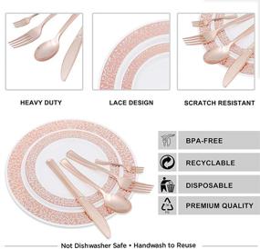img 2 attached to Премиум набор пластиковых тарелок розового золота на 150 штук с комплектом одноразовых столовых приборов - элегантная коллекция посуды с кружевным узором на 25 обеденных тарелок, десертных тарелок, вилок, ножей, ложек и мини-вилок.