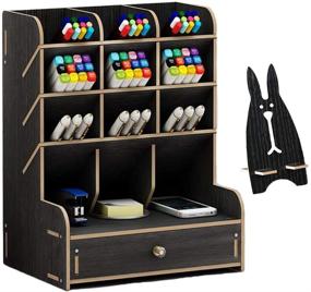 img 4 attached to 🖋️ Enhance Your Workspace with the Marbrasse Wooden Pen Organizer: A Versatile DIY Pen Holder Box with Drawer for Efficient Desktop Stationary and Art Supplies Storage (B11-Black)