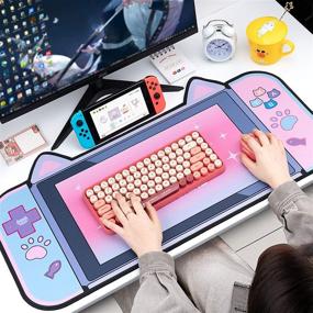 img 1 attached to 🐱 Non-Slip Rubber Base Desk Pad with Cat Ear Mouse Pad and Wrist Rest - Easy to Clean Laptop Desk Mat for Gaming, Writing, or Home Office Work