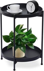 img 4 attached to 🌼 Stylish and Versatile FUNME Black Folding End Table: 2-Tier Metal Round Side Table with Removable Tray, Perfect for Any Living Room Décor (15.2”Dx20”H)