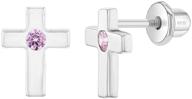 👧 925 sterling silver pink cz cross screw back earrings - ideal religious jewelry for young girls and preteens logo