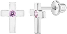 img 4 attached to 👧 925 Sterling Silver Pink CZ Cross Screw Back Earrings - Ideal Religious Jewelry for Young Girls and Preteens