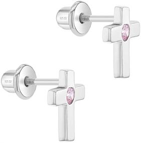 img 3 attached to 👧 925 Sterling Silver Pink CZ Cross Screw Back Earrings - Ideal Religious Jewelry for Young Girls and Preteens