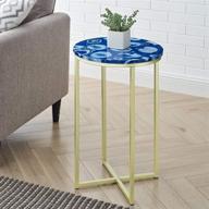 stylish walker edison metal and marble round side table with blue agate accents – small end table for living room storage, 16 inch, gold trim logo