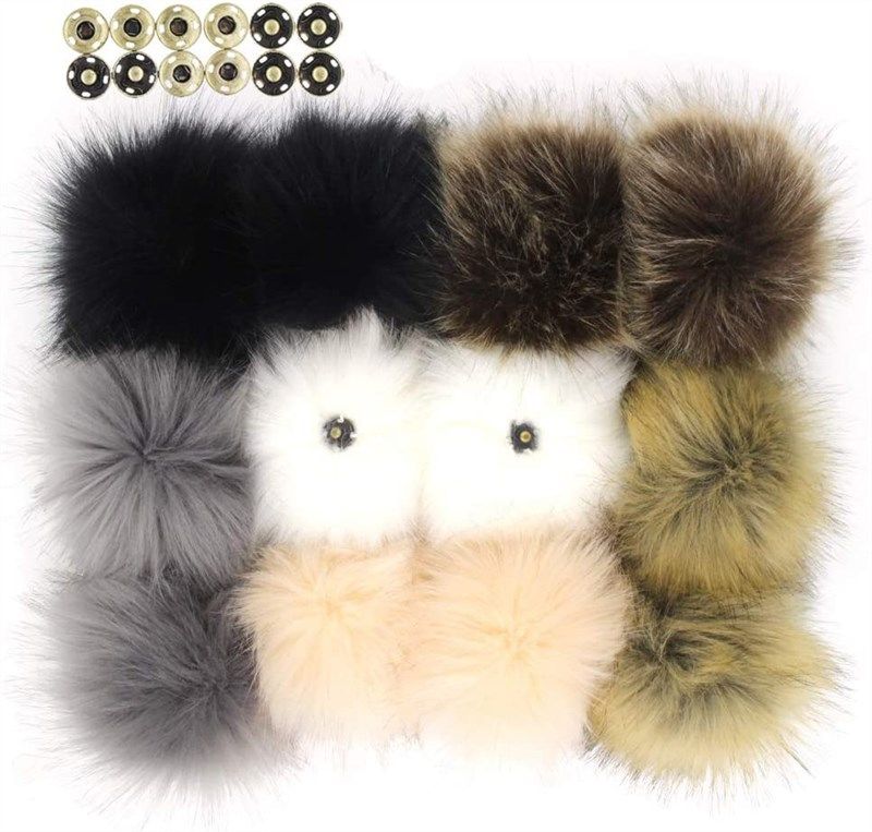 SUSULU Set of 12pcs Faux Fox Fur Pompoms for Hats 12cm 4.7inch Fur Pompoms with Snap Buttons (Brown)
