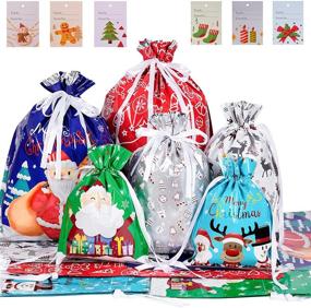 img 4 attached to 🎁 30PCS Christmas Drawstring Bags: Assorted Wrapping Bags for Xmas Party Goodies, 6 Designs & 4 Sizes with Name Tags