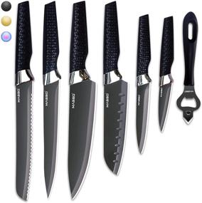 img 4 attached to 🔪 7-Piece Black Kitchen Knife Set by Masso: Ultra Sharp Chef Knives with Stainless Steel Blades in a Gift Box. Perfect for Professional Multipurpose Cooking, with Ergonomic PP Texture Handles. Dishwasher Safe.