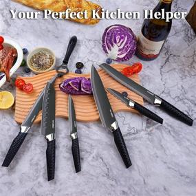 img 1 attached to 🔪 7-Piece Black Kitchen Knife Set by Masso: Ultra Sharp Chef Knives with Stainless Steel Blades in a Gift Box. Perfect for Professional Multipurpose Cooking, with Ergonomic PP Texture Handles. Dishwasher Safe.