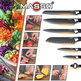 img 2 attached to 🔪 7-Piece Black Kitchen Knife Set by Masso: Ultra Sharp Chef Knives with Stainless Steel Blades in a Gift Box. Perfect for Professional Multipurpose Cooking, with Ergonomic PP Texture Handles. Dishwasher Safe.