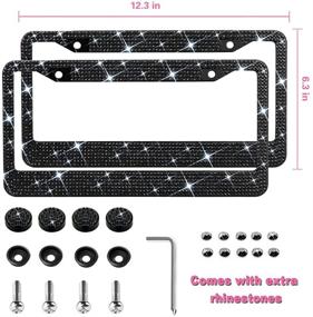 img 3 attached to Рамка для автомобильного номера с блеском для женщин - ослепительная нержавеющая сталь, 1200+шт. 14 граней украшены прозрачными стеклянными бриллиантами родий с бесплатным глиттером - черный