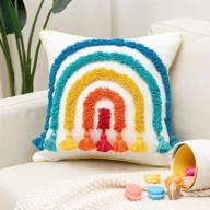 🌈 colorful boho rainbow tufted tassel decorative throw pillow cover for kids playroom, nursery, teepee, reading nook, couch, and bedroom - 18 x 18 inch square pillow case with fun cute rainbow shape логотип