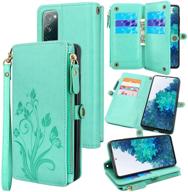 lacass [cards theft scan protection] 10 card slots holder zipper pocket wallet case flip leather cover with wrist strap magnetic closure stand for samsung galaxy s20 fe 5g(floral mint green) logo