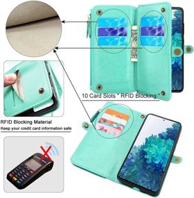 img 3 attached to Lacass [Cards Theft Scan Protection] 10 Card Slots Holder Zipper Pocket Wallet Case Flip Leather Cover With Wrist Strap Magnetic Closure Stand For Samsung Galaxy S20 FE 5G(Floral Mint Green)