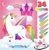 🦄 unicorn party game: pin the horn, 28" x 21" poster, 24 horns, 1 eye mask - ideal for kids birthday party supplies, decorations, and unicorn party favors логотип