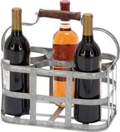 gray farmhouse metal wine holder with wooden handle - benjara 6 bottle логотип