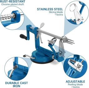 img 2 attached to 🍏 Blue QX Apple Peeler Slicer Corer with Suction Base - Durable Heavy Duty Die Cast Magnesium Alloy Peelers + 2 Extra Blades