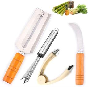 img 4 attached to 🔪 SUPER ZR Sugarcane Peeling Knife Set - Four-piece Suit with Natural Non-slip Wooden Handles - Stainless Steel Pineapple Peeler Knife and Artifact Planing Knife