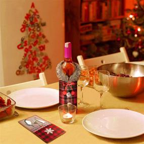 img 1 attached to 🎄 8-Piece Set of Christmas Wine Bottle Covers and Utensil Pouches - Burlap Buffalo Plaid Wine Bottle Bags with Cutlery Pouches for Festive Party Decorations