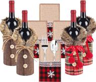 🎄 8-piece set of christmas wine bottle covers and utensil pouches - burlap buffalo plaid wine bottle bags with cutlery pouches for festive party decorations логотип