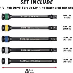 img 2 attached to 🔧 CASOMAN 5 Piece 1/2-inch Drive Torque Limiting Extension Bar Set, 65 to 140 Foot-Pounds (90 to 190 Newton Meters), Impact Torque Limiter Set with Color-Coding
