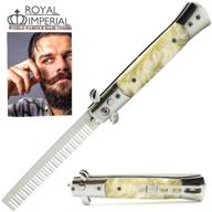 🧔 royal metal switchblade pocket folding comb for beard or mustache with white pearl handle & bonus beard fact wallet booklet logo