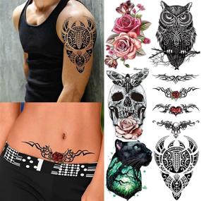 img 1 attached to 🎭 COKTAK 46 Large Skull Maori Warrior Temporary Tattoos for Men, Realistic Tiger Owl Flower Temporary Tattoos for Women, Tiny Kids Tattoos, Tribal Armband Arm Neck Face Tattoo Stickers