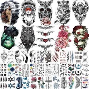 img 4 attached to 🎭 COKTAK 46 Large Skull Maori Warrior Temporary Tattoos for Men, Realistic Tiger Owl Flower Temporary Tattoos for Women, Tiny Kids Tattoos, Tribal Armband Arm Neck Face Tattoo Stickers