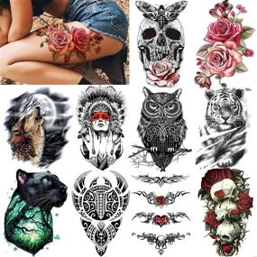 img 2 attached to 🎭 COKTAK 46 Large Skull Maori Warrior Temporary Tattoos for Men, Realistic Tiger Owl Flower Temporary Tattoos for Women, Tiny Kids Tattoos, Tribal Armband Arm Neck Face Tattoo Stickers