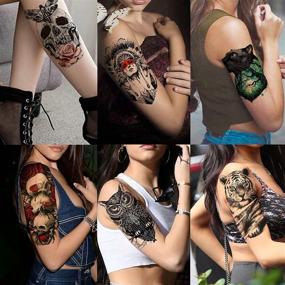 img 3 attached to 🎭 COKTAK 46 Large Skull Maori Warrior Temporary Tattoos for Men, Realistic Tiger Owl Flower Temporary Tattoos for Women, Tiny Kids Tattoos, Tribal Armband Arm Neck Face Tattoo Stickers
