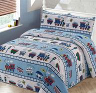 vibrant red white and blue choo choo train railroad tracks coverlet bedspread quilt set for kids / boys / toddlers - queen / full size logo