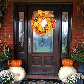 img 1 attached to 🍁 17-Inch Fall Wreath with Metal Hanger, Pre-Lit Autumn Harvest Decoration - Twinkle Star Multicolor Artificial Maple Leaves, Pumpkin, Pine Cone, and Berries - for Front Door, Wall & Thanksgiving Decor