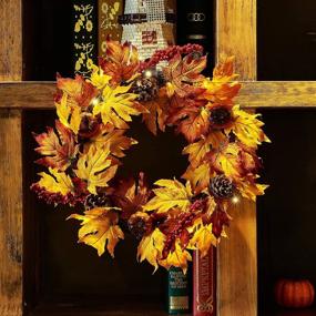 img 3 attached to 🍁 17-Inch Fall Wreath with Metal Hanger, Pre-Lit Autumn Harvest Decoration - Twinkle Star Multicolor Artificial Maple Leaves, Pumpkin, Pine Cone, and Berries - for Front Door, Wall & Thanksgiving Decor