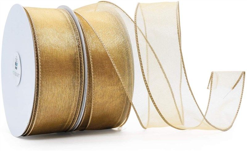 Wide 38mm Christmas Vanilla and Gold Luxury Ribbon Gift Wrap Wire-Edged 