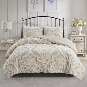 img 4 attached to 🛏️ Modern Luxe Madison Park Chenille Duvet Set, Full/Queen (90"x90"), with Matching Shams - Viola Damask Taupe, 100% Cotton, All Season Comforter Cover, 3 Piece