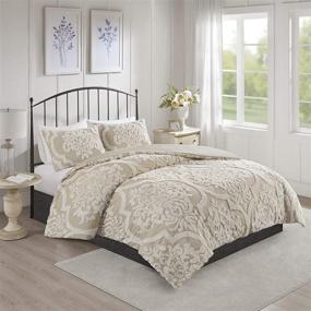 img 2 attached to 🛏️ Modern Luxe Madison Park Chenille Duvet Set, Full/Queen (90"x90"), with Matching Shams - Viola Damask Taupe, 100% Cotton, All Season Comforter Cover, 3 Piece