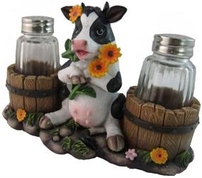 img 2 attached to 🌻 Rustic Sunflower Cow Salt Pepper Shakers Set in Decorative Glass Holder - Resin Figurine