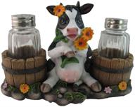 🌻 rustic sunflower cow salt pepper shakers set in decorative glass holder - resin figurine logo