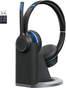 img 1 attached to 🎧 110Hrs Charging Base Bluetooth Headset with USB Adapter, CVC8.0 Noise Cancelling Boom Mic, Bluetooth 5.0 Headphones for PC, Cellphone, Call Center, Skype, Zoom, Teams, Home Office