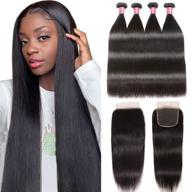 набор волос nadula brazilian straight hair extensions со свободным заголовком кружевного закрытия - 8а класс 💇 необработанный реми натурального цвета волоса-донора (16 18 20 дюймов + 14-дюймовое закрытие) логотип